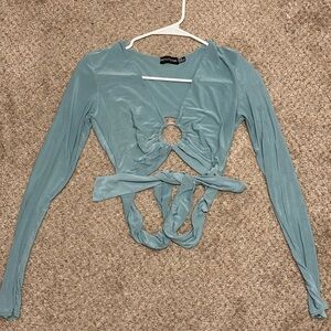 PrettyLittleThing Aqua Long Sleeve Ring Detail Top